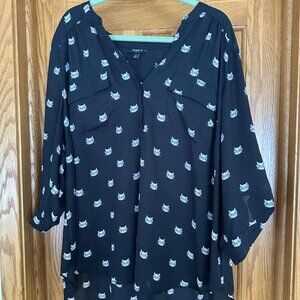 Black Torrid Womens Plus Top 3/4 Roll Tab Sleeves Sheer Goth Punk Cat Blouse 3X